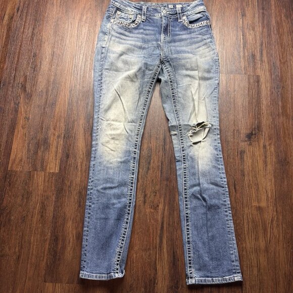 Miss Me Mid-Rise Easy Straight Jeans Embellished Distressed Medium Wash Size 28 - Picture 1 of 13